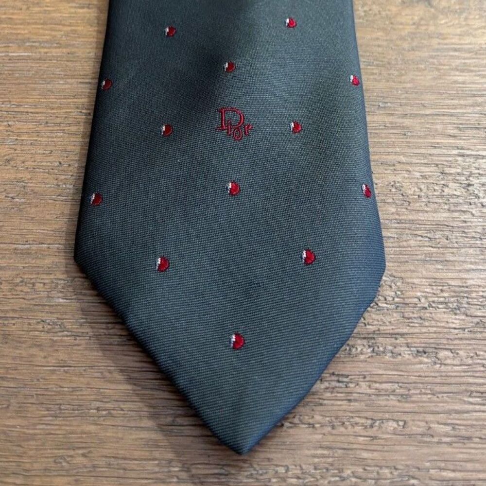 Vintage Christian Dior Monsieur Tie Charcoal Gray Red Pin Dot Silk Blend Italy - Picture 2 of 5
